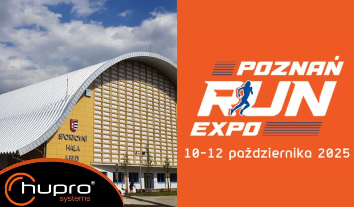 Oblouková montovaná hala HUPRO SYSTEMS SE a logo veletrhu POZNAŃ RUN EXPO 2025 – největší běžecký veletrh v Polsku, 10.–12. října 2025, MTP Poznań Expo.