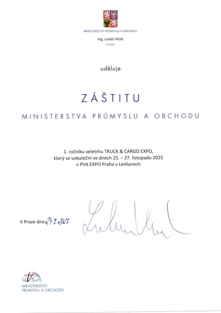 Záštita Ministerstva průmyslu a obchodu ČR pro veletrh Truck & Cargo Expo 2025 v PVA EXPO PRAHA