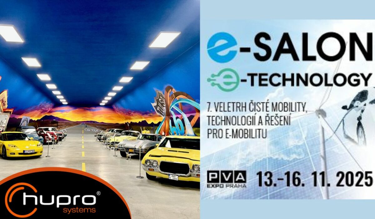 Výstava automobilů v montované hale HUPRO SYSTEMS a pozvánka na e-SALON 2025 v PVA EXPO Praha