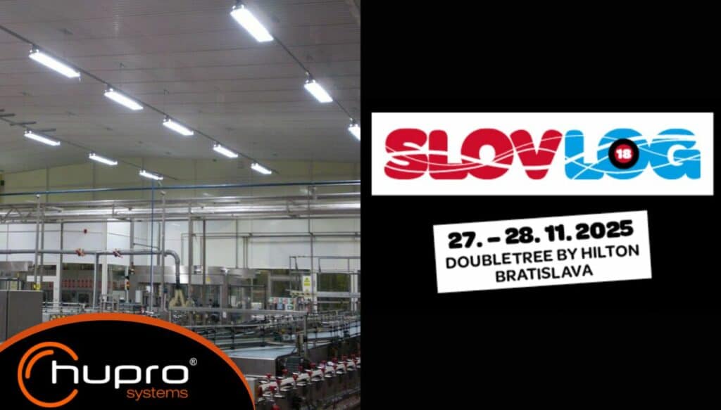 HUPRO SYSTEMS SE – průmyslová hala a logo SLOVLOG Congress 2025 v Bratislavě, největší logistická konference na Slovensku.