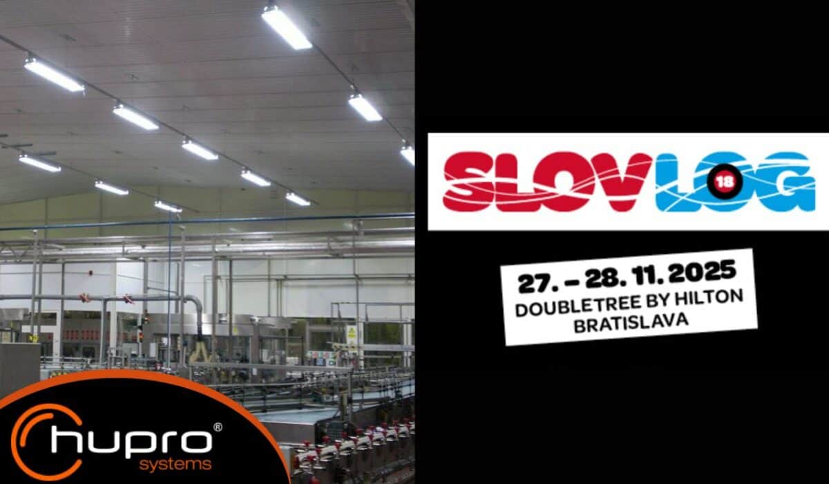 HUPRO SYSTEMS SE – průmyslová hala a logo SLOVLOG Congress 2025 v Bratislavě, největší logistická konference na Slovensku.
