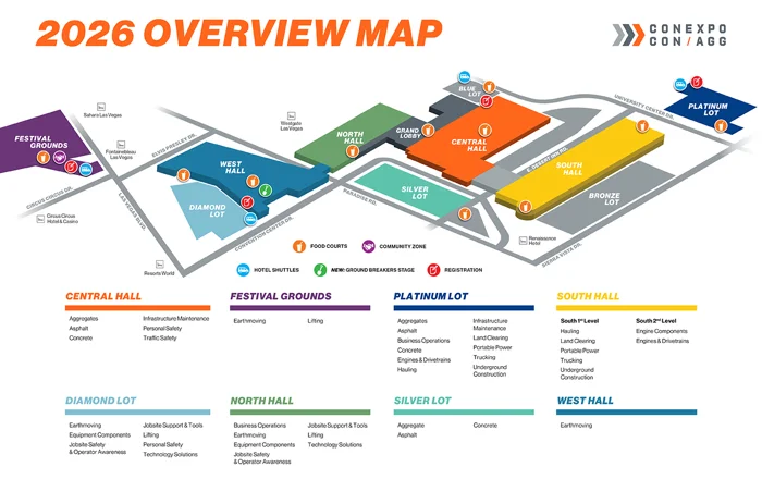„Přehledová mapa Conexpo 2026 s vyznačenými halami, výstavními zónami, parkovišti a kategoriemi produktů v jednotlivých sekcích areálu Las Vegas Convention Center.