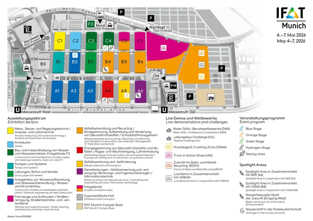 Oficiální mapa veletrhu IFAT 2026 v Mnichově s rozdělením hal podle tematických sektorů, umístěním stage, venkovních ploch a live demonstračních zón.