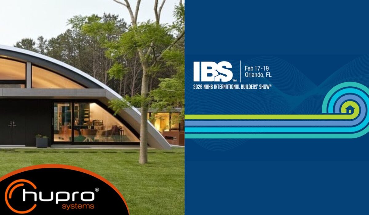 Náhled na IBS 2026 – NAHB International Builders’ Show v Orlandu s oficiální grafikou veletrhu a ukázkou obloukové ocelové stavby HUPRO SYSTEMS SE.