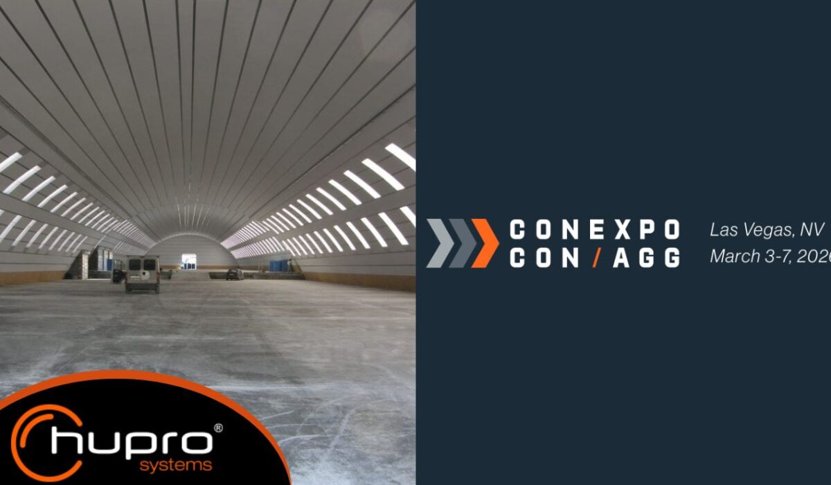 Náhledový obrázek k článku o Conexpo 2026: logo Conexpo-CON/AGG s datem konání v Las Vegas a fotografie obloukové montované ocelové haly od HUPRO SYSTEMS SE.