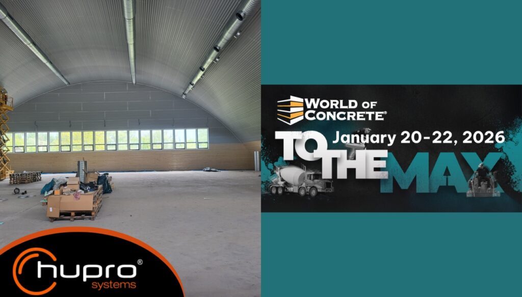 Náhledový obrázek k průvodci World of Concrete Las Vegas 2026: interiér obloukové montované haly a oficiální vizuál WOC 2026, doplněný logem HUPRO SYSTEMS SE.