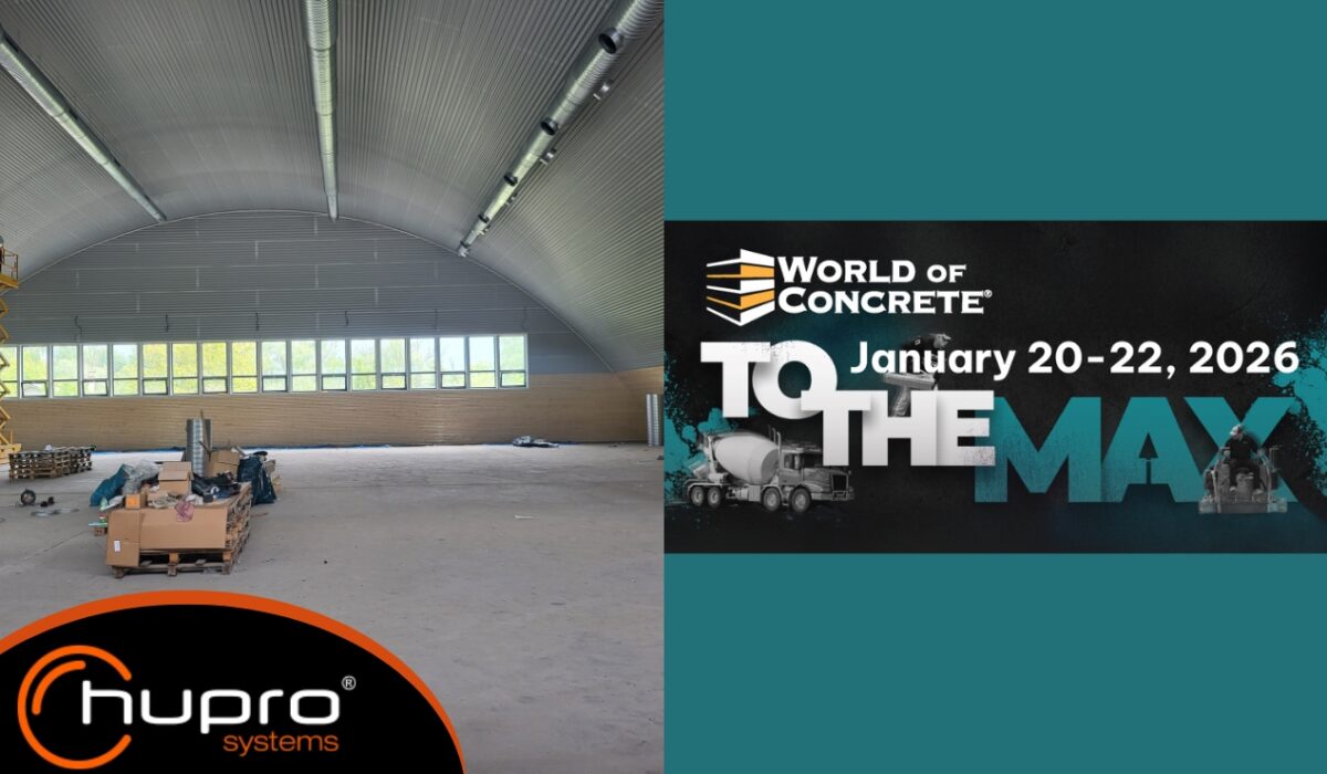 Náhledový obrázek k průvodci World of Concrete Las Vegas 2026: interiér obloukové montované haly a oficiální vizuál WOC 2026, doplněný logem HUPRO SYSTEMS SE.