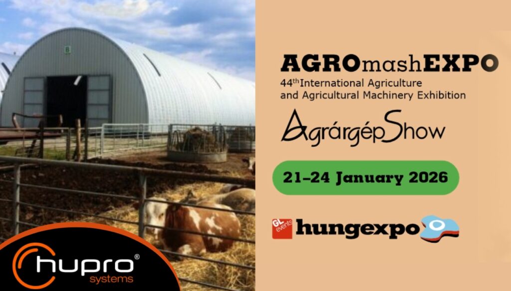 Náhled AGROMASH Expo 2026: termín 21.–24. ledna 2026 v Budapešti. Vlevo oblouková ocelová hala HUPRO používaná v zemědělství.