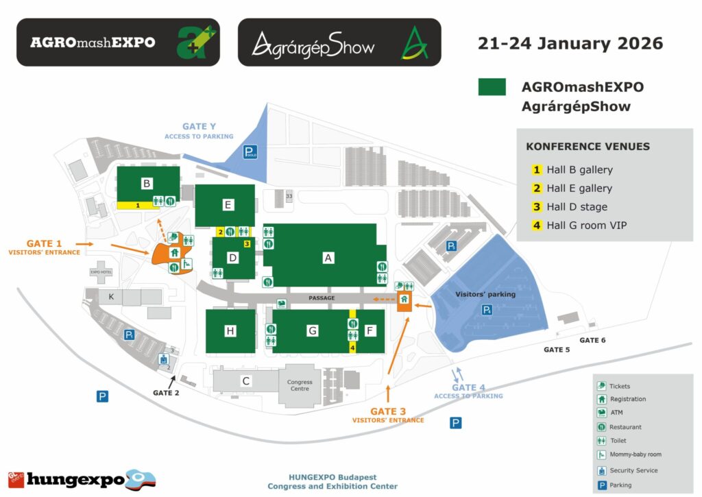 Oficiální mapa AGROMASH Expo 2026 v Budapešti s rozložením pavilonů, vstupů, parkovišť a konferenčních míst v areálu HUNGEXPO.
