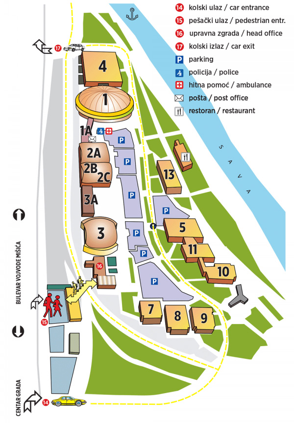 Mapa areálu Belgrade Fair s vyznačenými halami 1–14, vstupy, parkovišti a službami pro návštěvníky veletrhu SEEBBE.