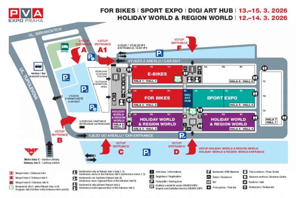 Plánek areálu PVA EXPO PRAHA s rozmístěním hal SPORT EXPO 2026, FOR BIKES a DIGI ART HUB, včetně vstupů a parkování
