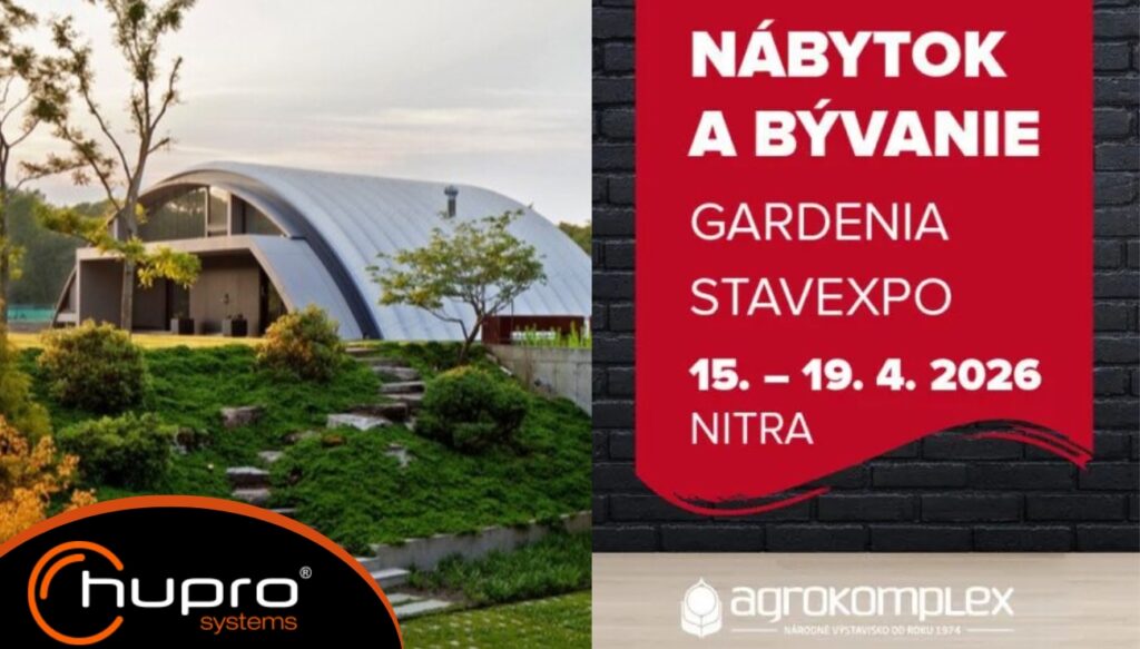 Náhledový obrázek k článku veletrh Nábytek a Bydlení Nitra 2026 – oblouková ocelová hala HUPRO a oficiální banner veletrhů Nábytok a Bývanie, Gardenia a Stavexpo na výstavišti Agrokomplex.