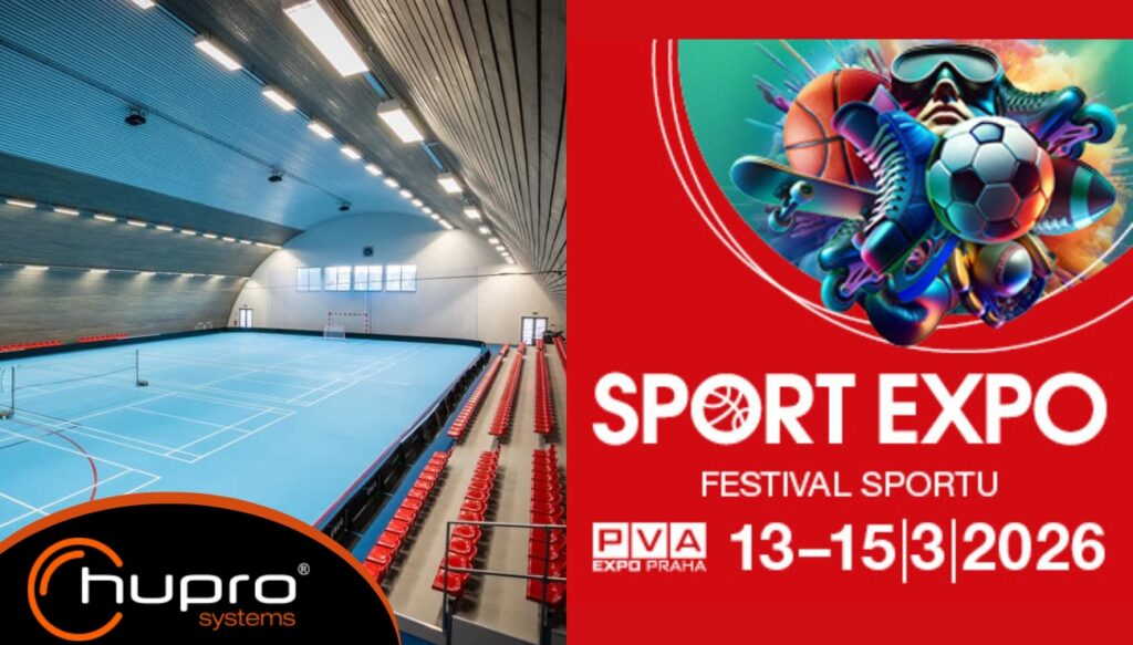 Sportovní hala s obloukovou ocelovou konstrukcí HUPRO SYSTEMS SE a vizuál festivalu SPORT EXPO