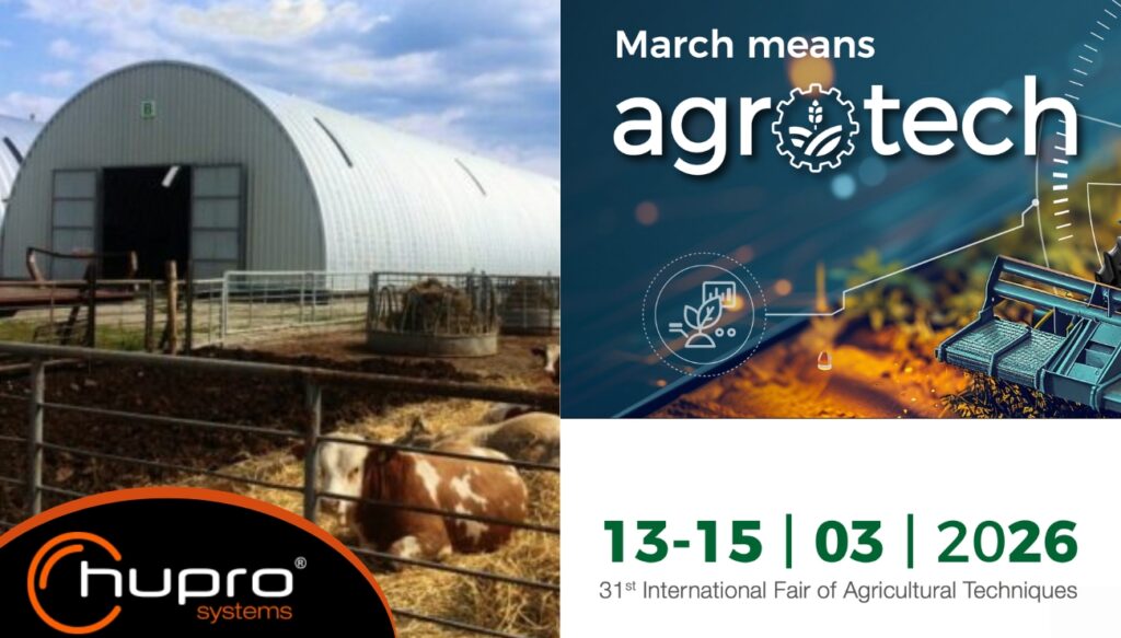 Náhled pro článek o AGROTECH 2026: moderní oblouková hala HUPRO ve spojení s oficiálním vizuálem veletrhu, který se koná 13.–15. března 2026 v Kielcích.