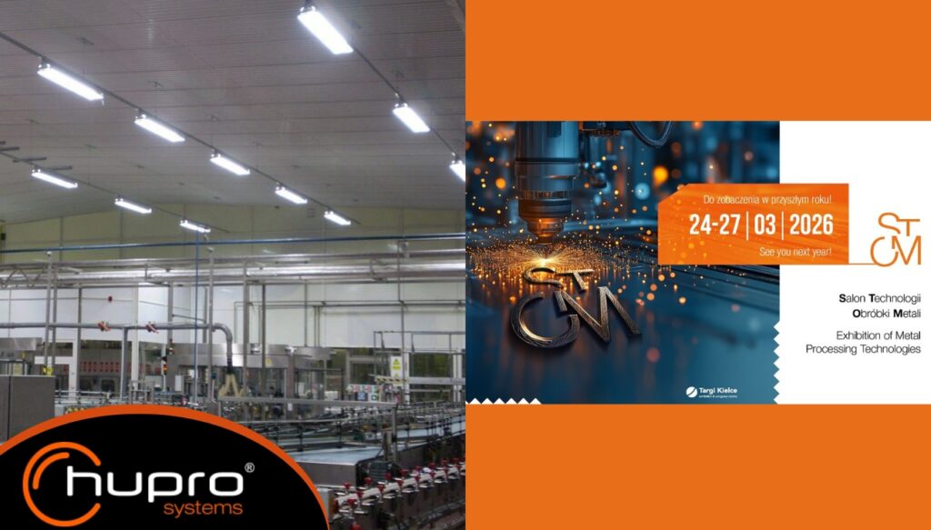 Průmyslová výroba v ocelové hale HUPRO SYSTEMS SE a vizuál veletrhu INDUSTRIAL SPRING 2026 v Targi Kielce