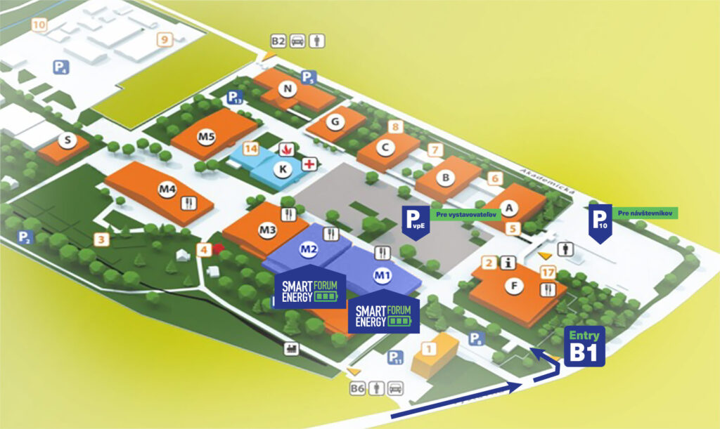 Mapa areálu Agrokomplex Nitra se zvýrazněnými halami M1 a M2 pro Smart Energy Forum SK 2026, vstupem B1 a parkovišti pro návštěvníky i vystavovatele.