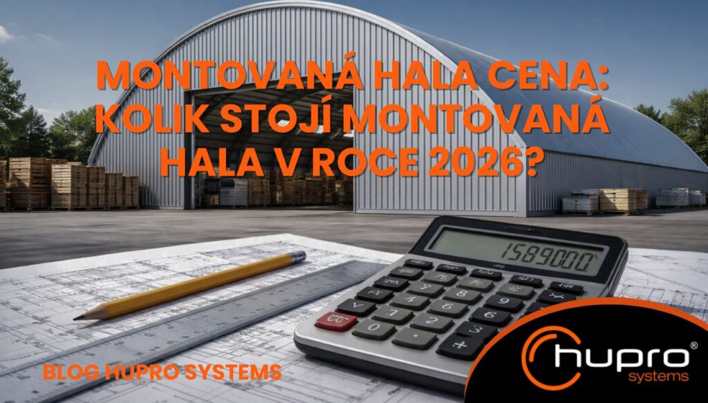 Náhledový obrázek k článku o tématu montovaná hala cena, zobrazující obloukovou montovanou halu, kalkulačku na technickém výkresu.