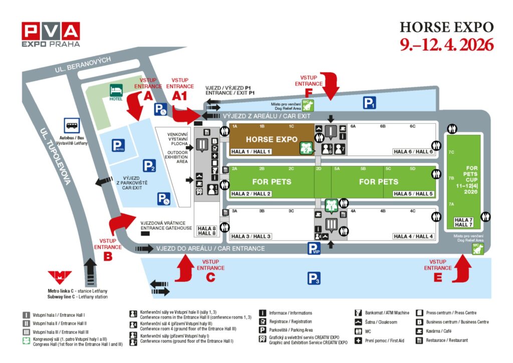 Mapa areálu PVA EXPO Praha s vyznačením haly HORSE EXPO 2026